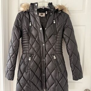 Laundry by Design Black Quilted Puffer Coat with Fur Hood - Size M